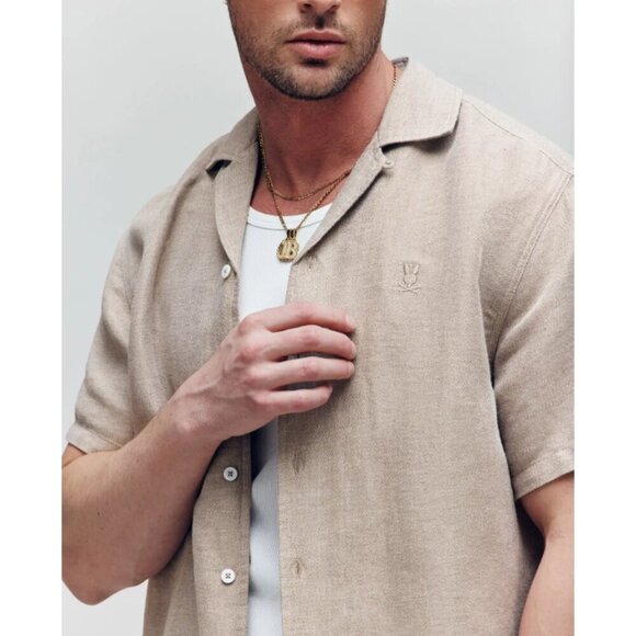 Psycho Bunny | Windcrest Linen Blend Short Sleeve Shirt In Jute - Picture 2 of 15